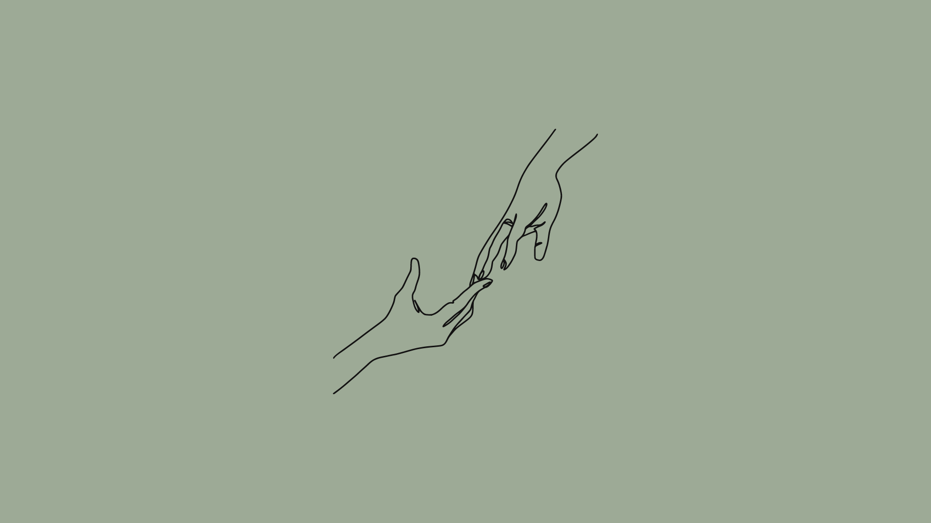 Two hands, one reaching out to the other, in black line art on a green background - Green, sage green, light green