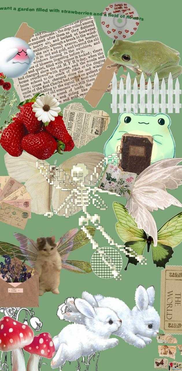 A collage of various items including mushrooms, rabbits and other animals - Cottagecore