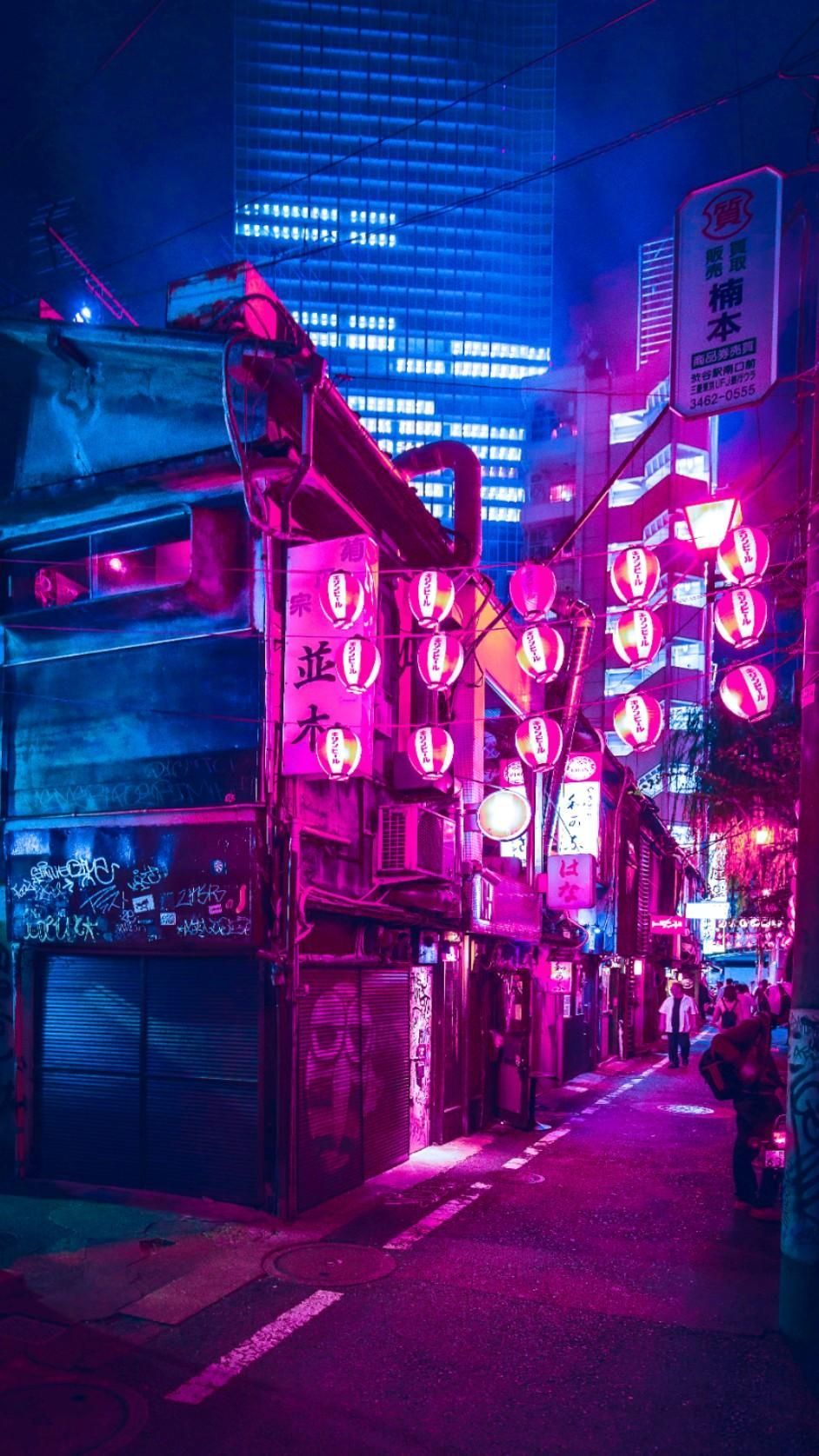 A cyberpunk street at night with pink and purple lights - Tokyo
