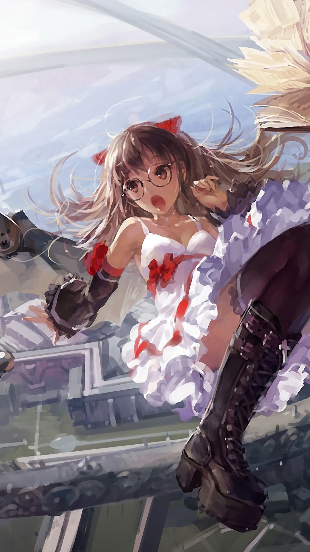 Anime girl in glasses and white dress with red elements - Angels