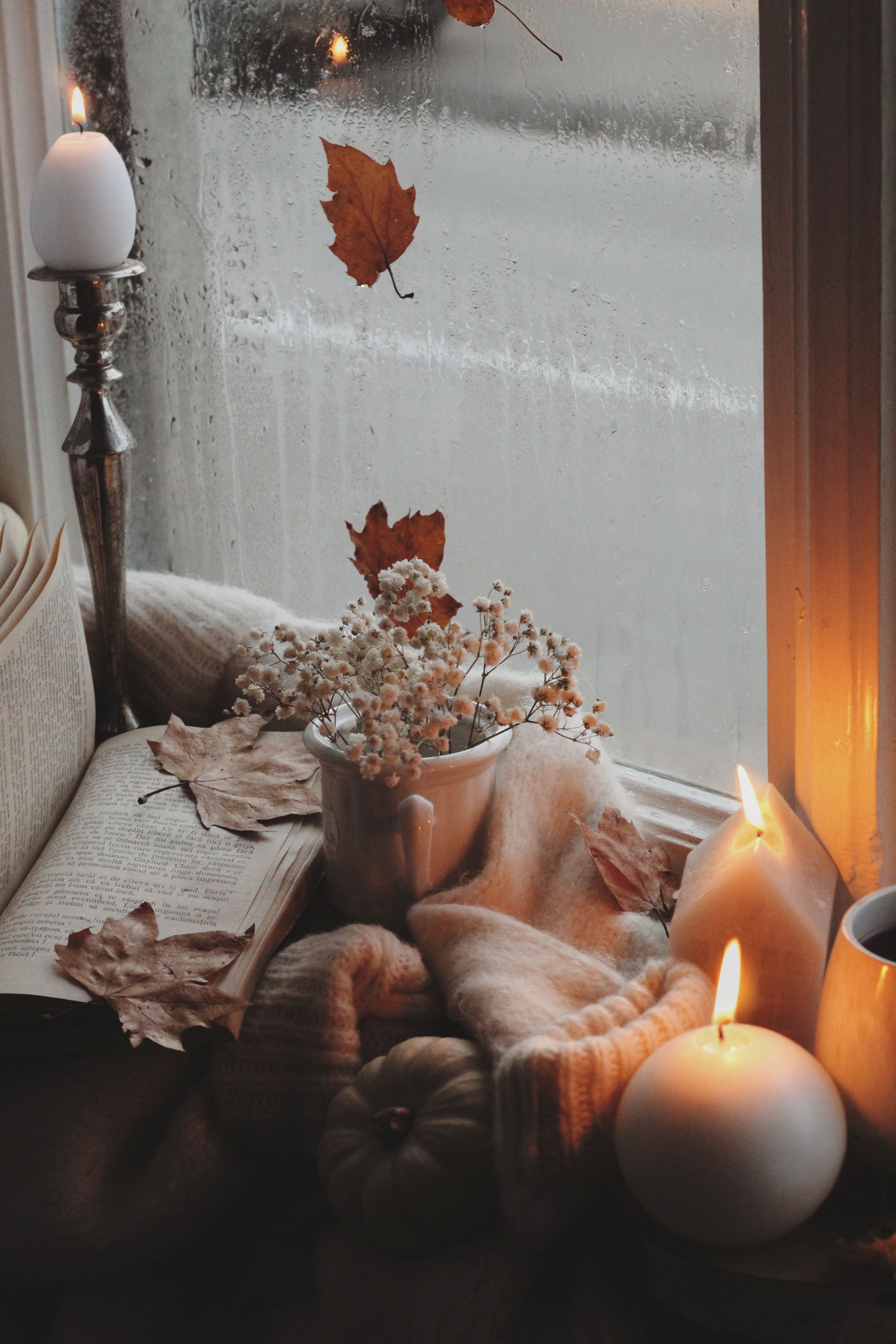 A window with candles and leaves in it - Cozy