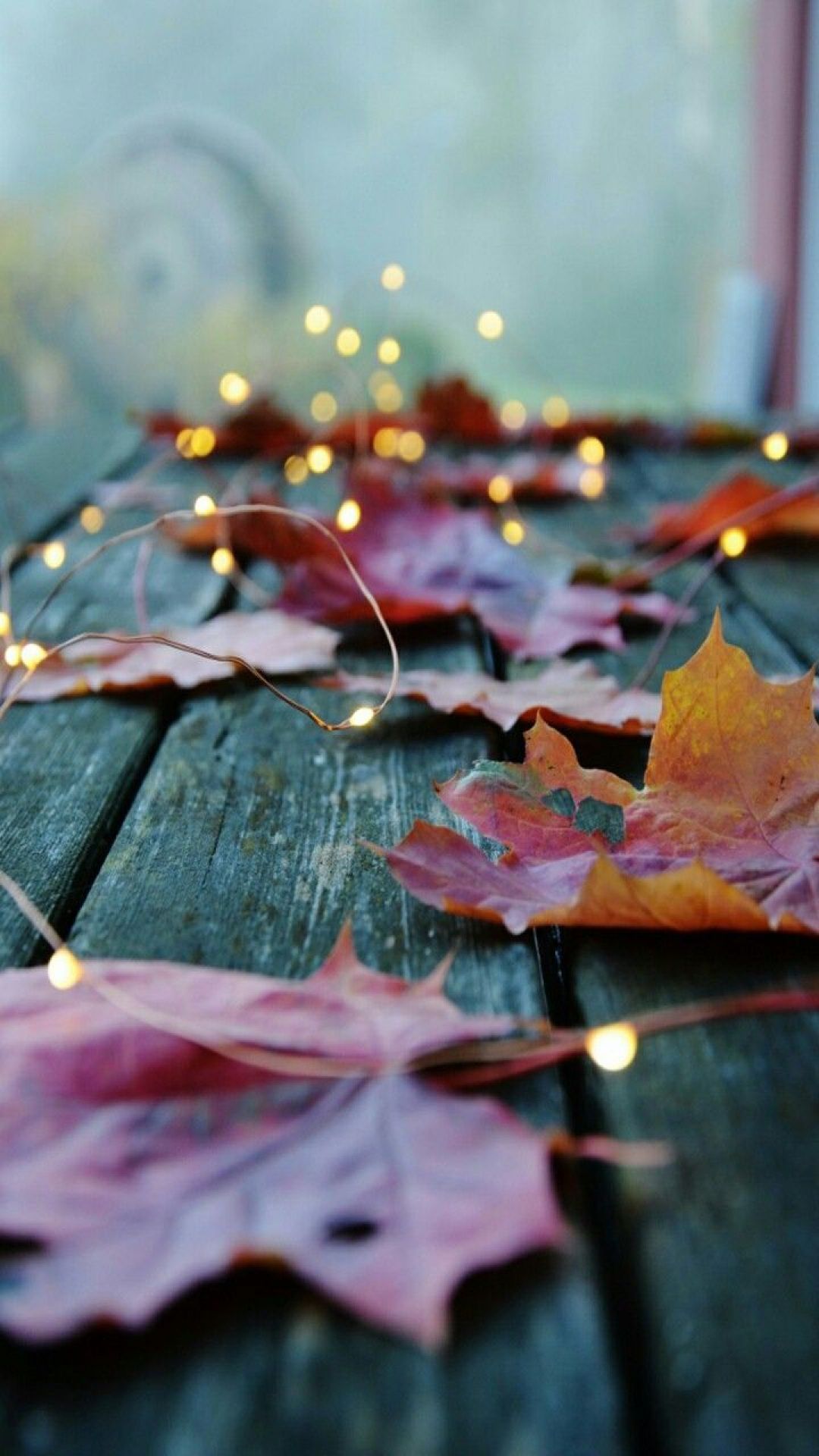 IPhone wallpaper of fall leaves on a wooden table with lights. - Cozy, fall iPhone