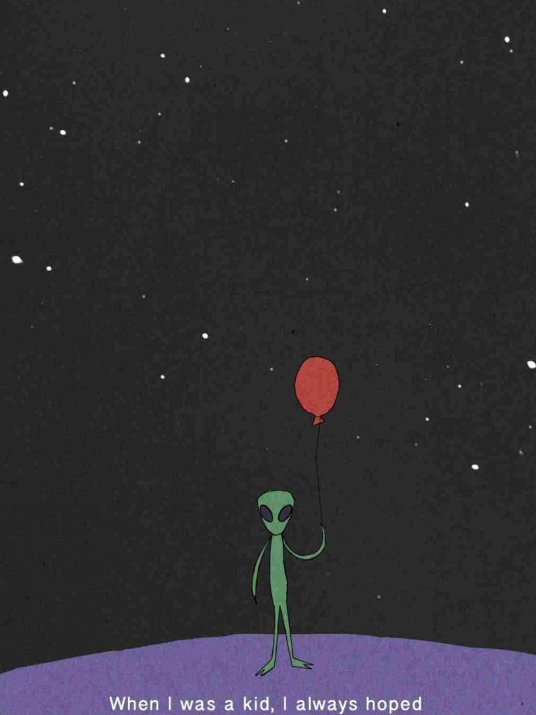 A green alien holding a red balloon on a planet with a black sky full of stars. - Happy