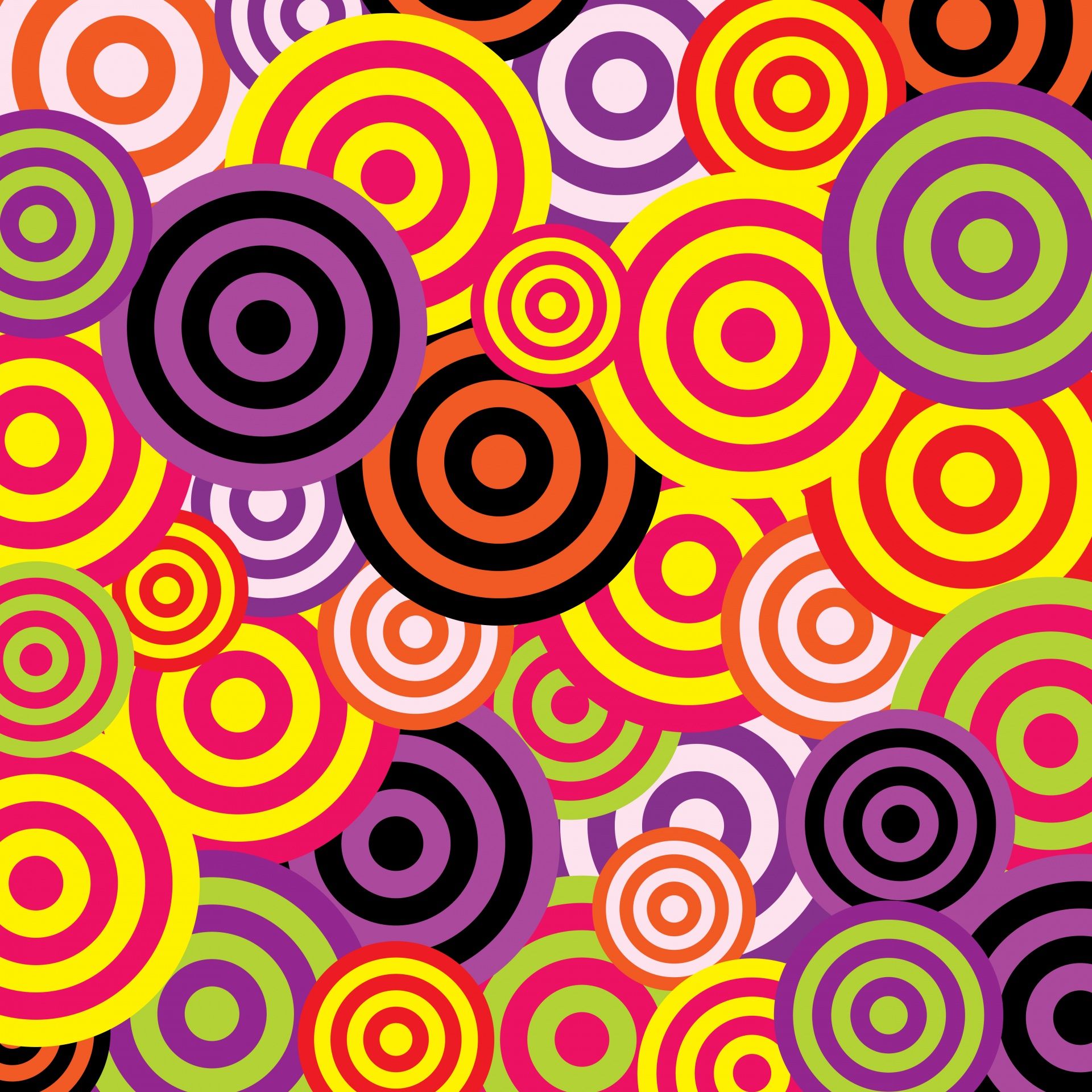 A colorful pattern of concentric circles in shades of pink, purple, yellow, and green. - 60s