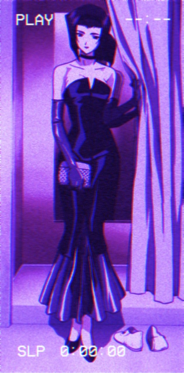 A woman in a black dress stands in front of a screen. - 90s, 90s anime