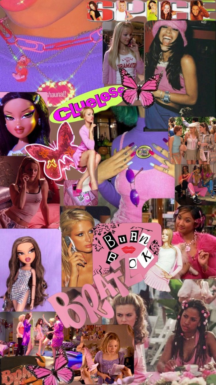 A collage of pictures of barbie dolls, pink aesthetic, and girl power. - 2000s