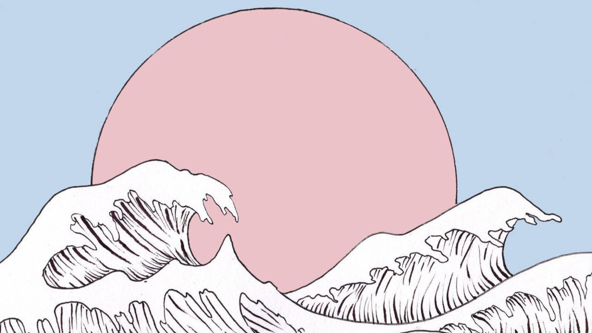 A drawing of a wave with a pink sun behind it - Wave