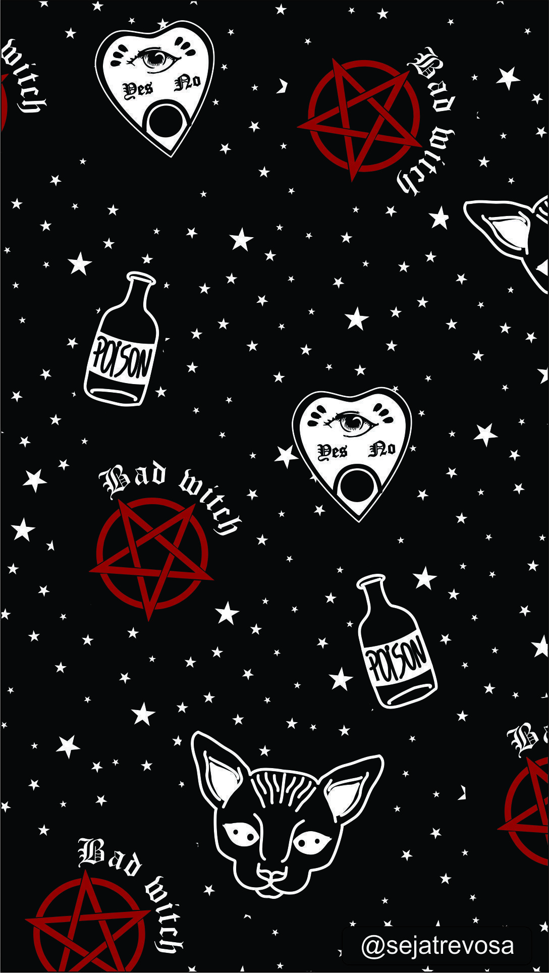 Black phone wallpaper with red and white stars, a ouija board, a cat, a pentagram, a poison bottle, and a ouija board - Witch
