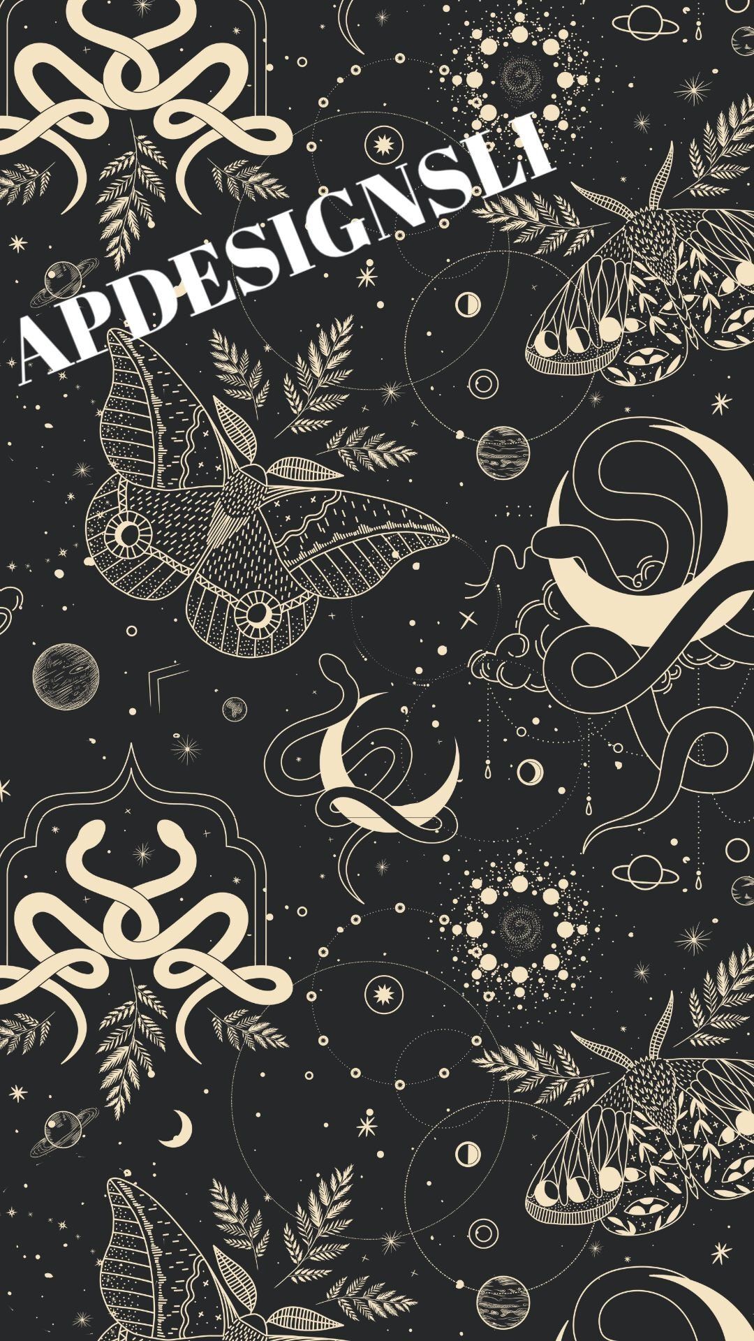 A black wallpaper with white designs of moths, stars, and moons. - Witch