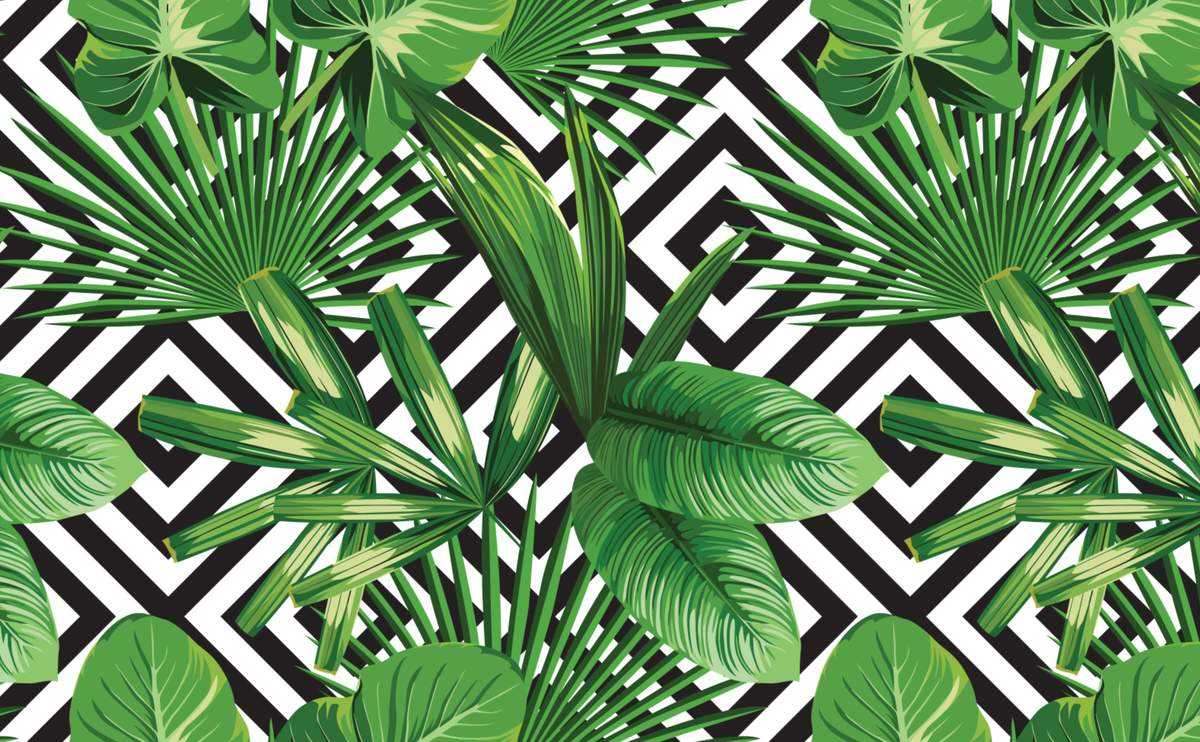 A seamless pattern of palm leaves on a black and white geometric background - Tropical