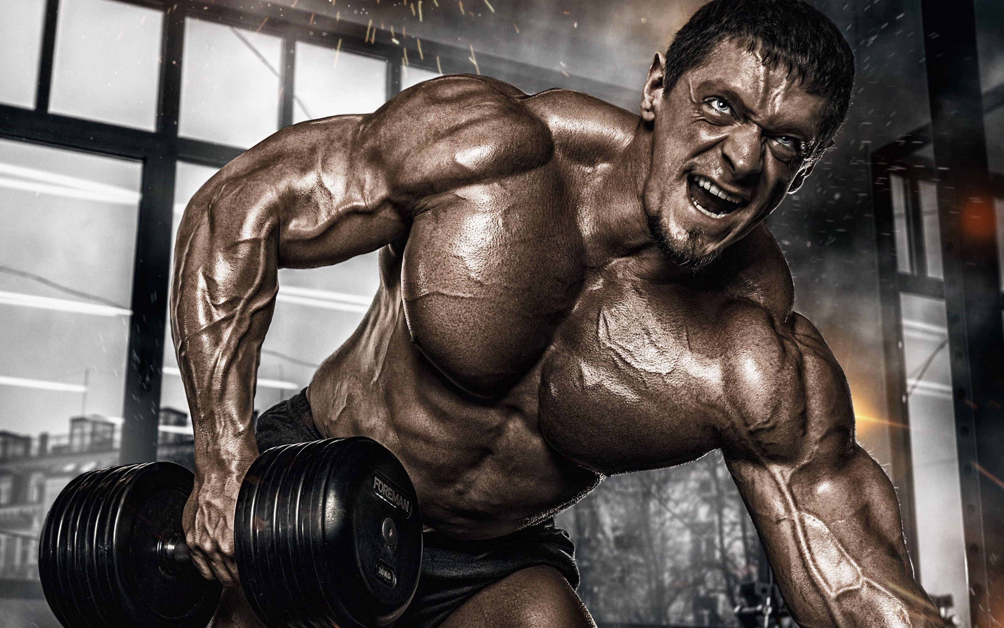 Bodybuilder with a barbell in the gym - Gym