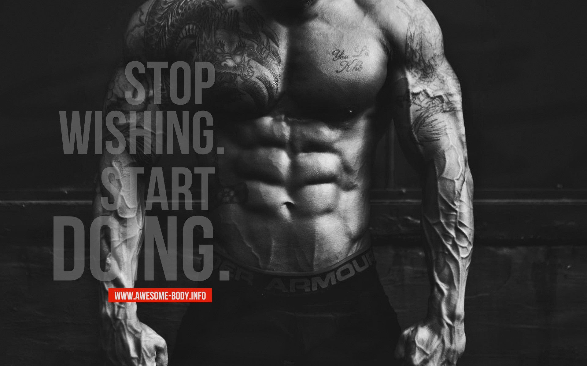 Black and white motivational wallpaper with a bodybuilder and the text 