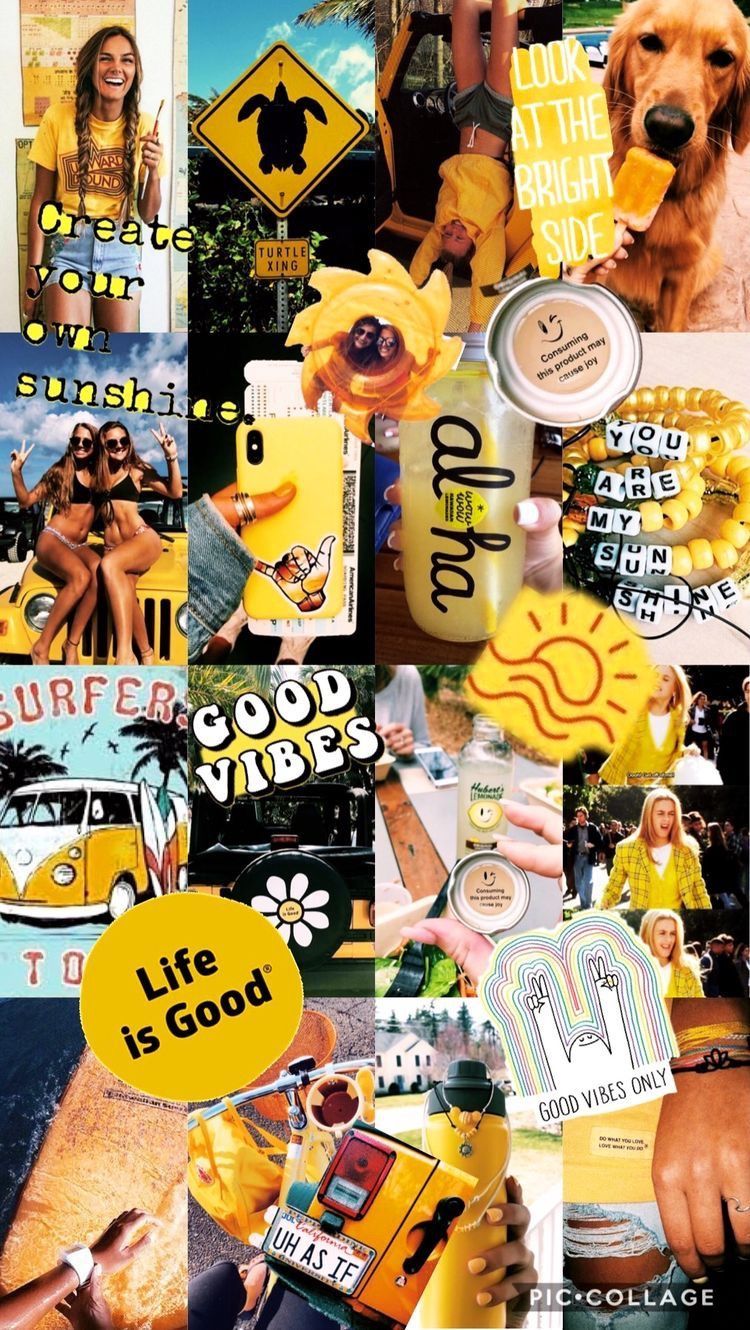 Yellow aesthetic collage background with pictures of dogs, girls, and signs. - Collage