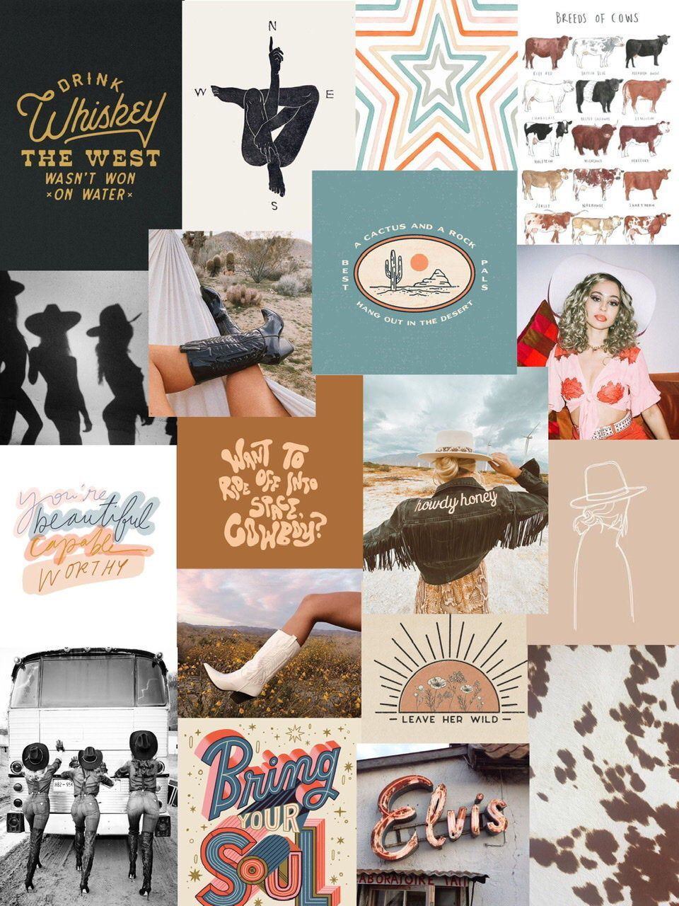 A collage of images with different text and graphics - Cowgirl, western, Texas