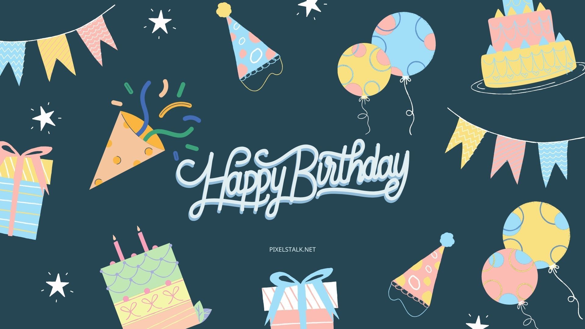 A dark blue background with birthday items such as cake, balloons, presents, and party hats. - Birthday