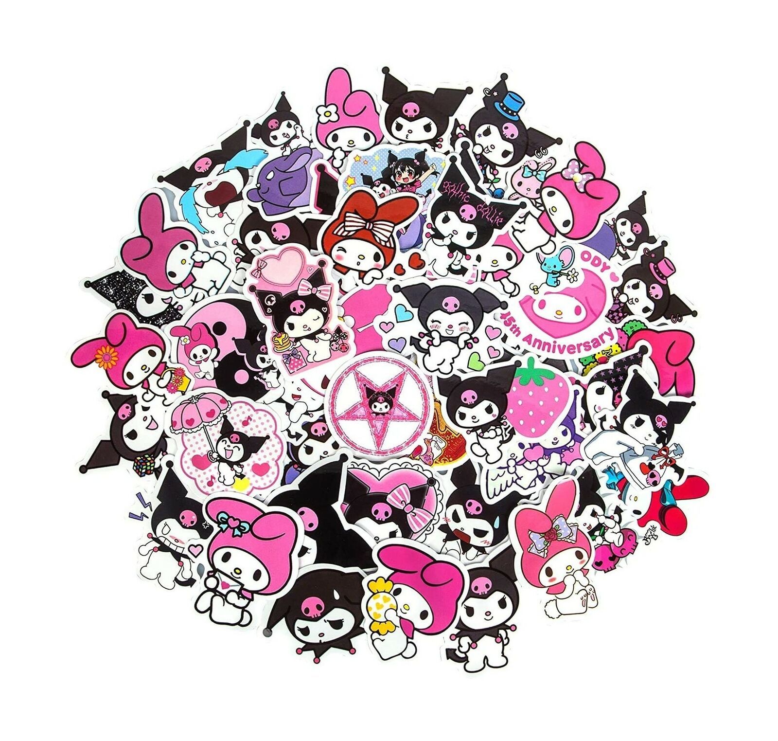 A circle of stickers with various cartoon characters - Kuromi