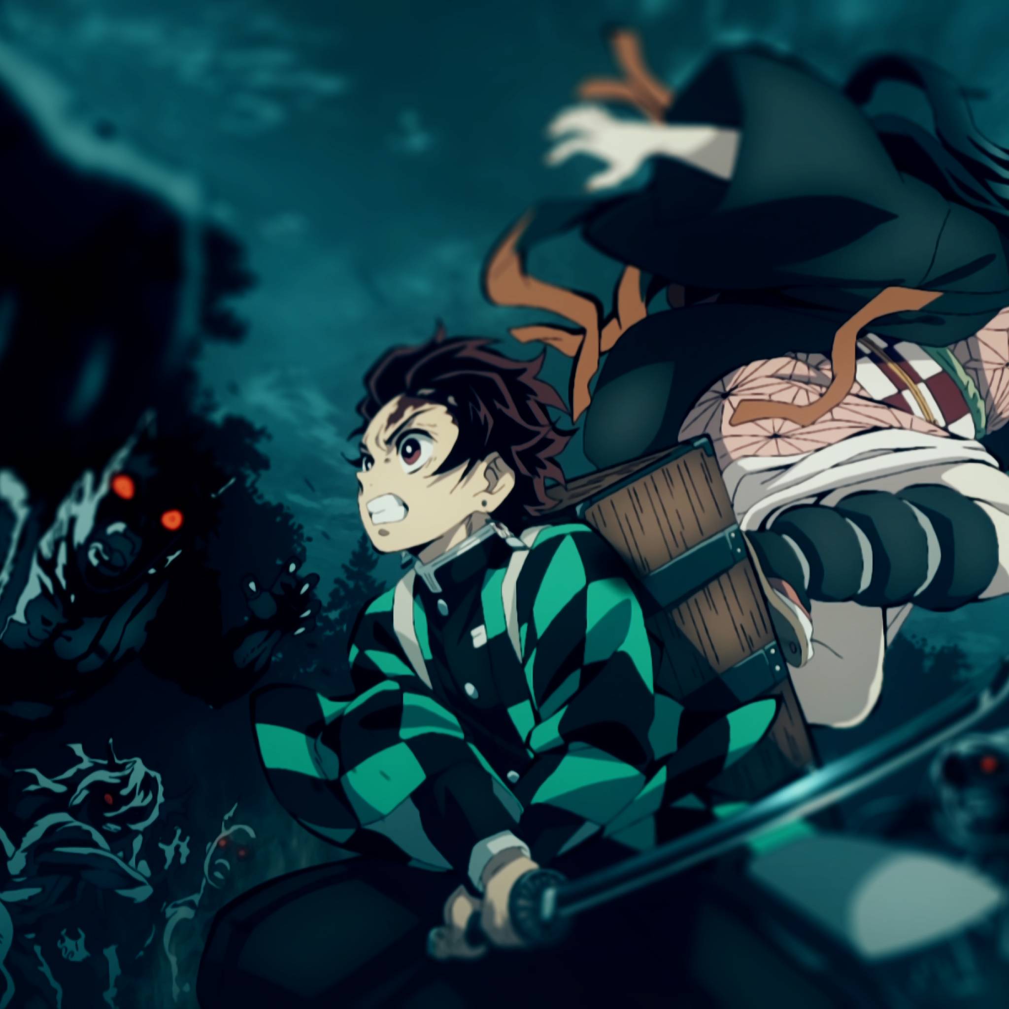 Demon Slayer Kimetsu no Yaiba wallpaper 2560x1440. This is a high resolution wallpaper of the popular anime Demon Slayer Kimetsu no Yaiba. The image features the main character, Tanjiro, riding on a cart with his sister Nezuko in the back. - Nezuko