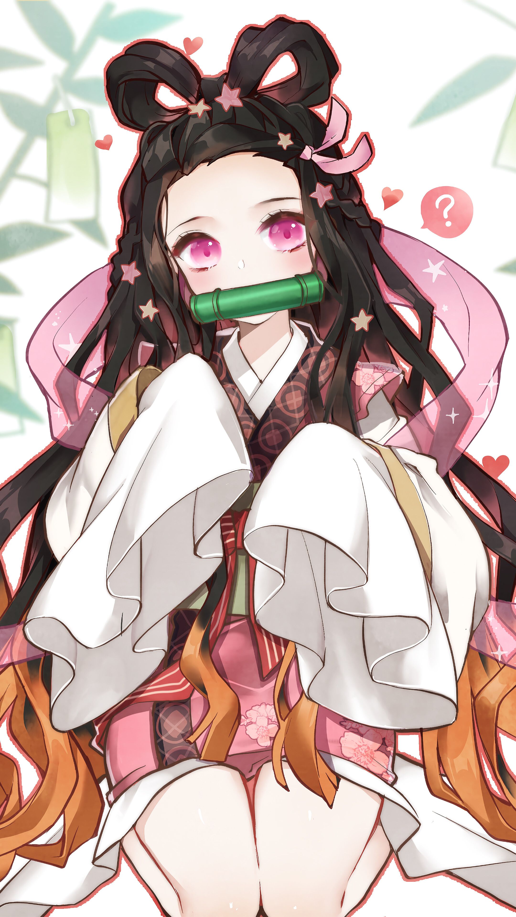 Anime girl with long black hair and a pink bow on her head - Nezuko