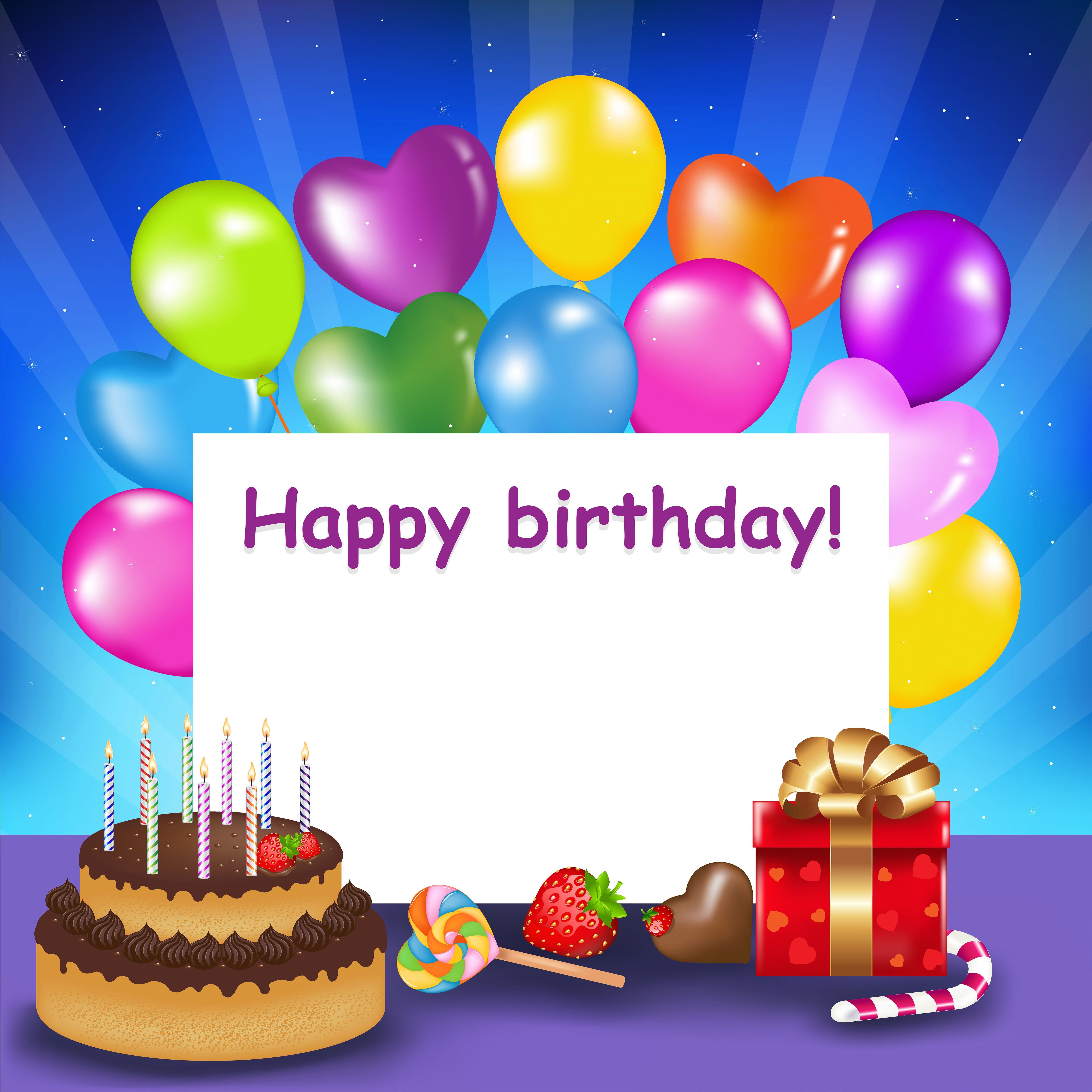 Birthday card with a cake, candies, gift box and balloons - Birthday