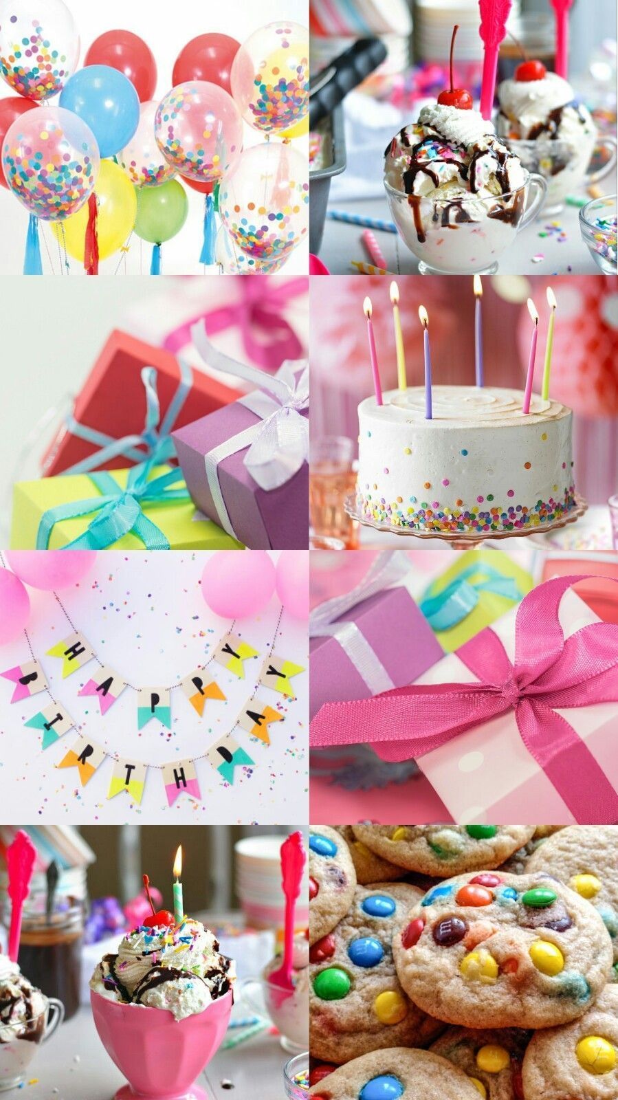 A collage of birthday party items including balloons, cake, presents, and cookies. - Birthday