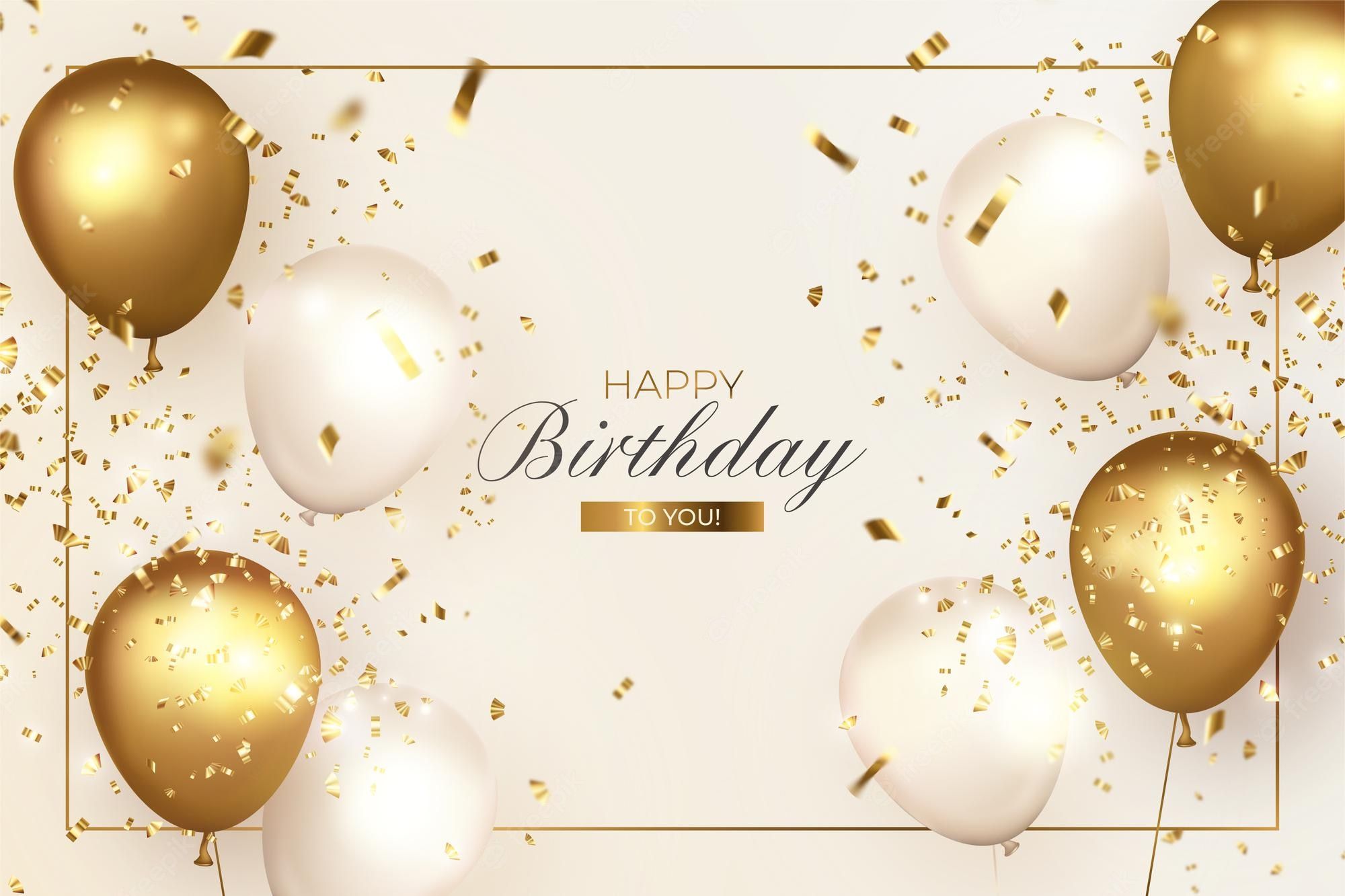 Birthday background with golden and white balloons and confetti on a light background - Birthday