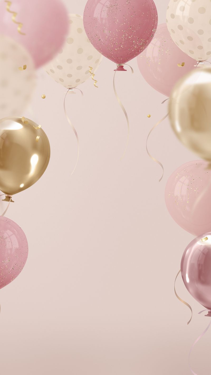 A pink and gold balloon with confetti - Birthday, balloons