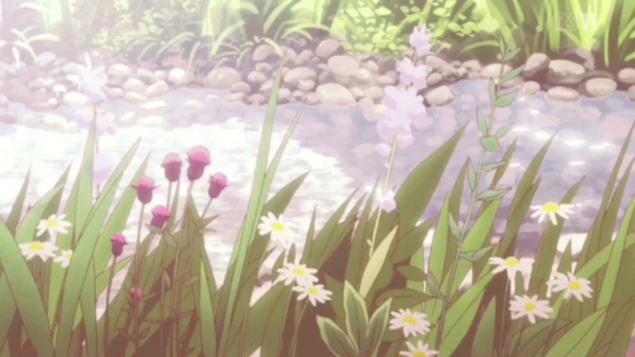 A pond with a stream, surrounded by grass and flowers. - Cottagecore