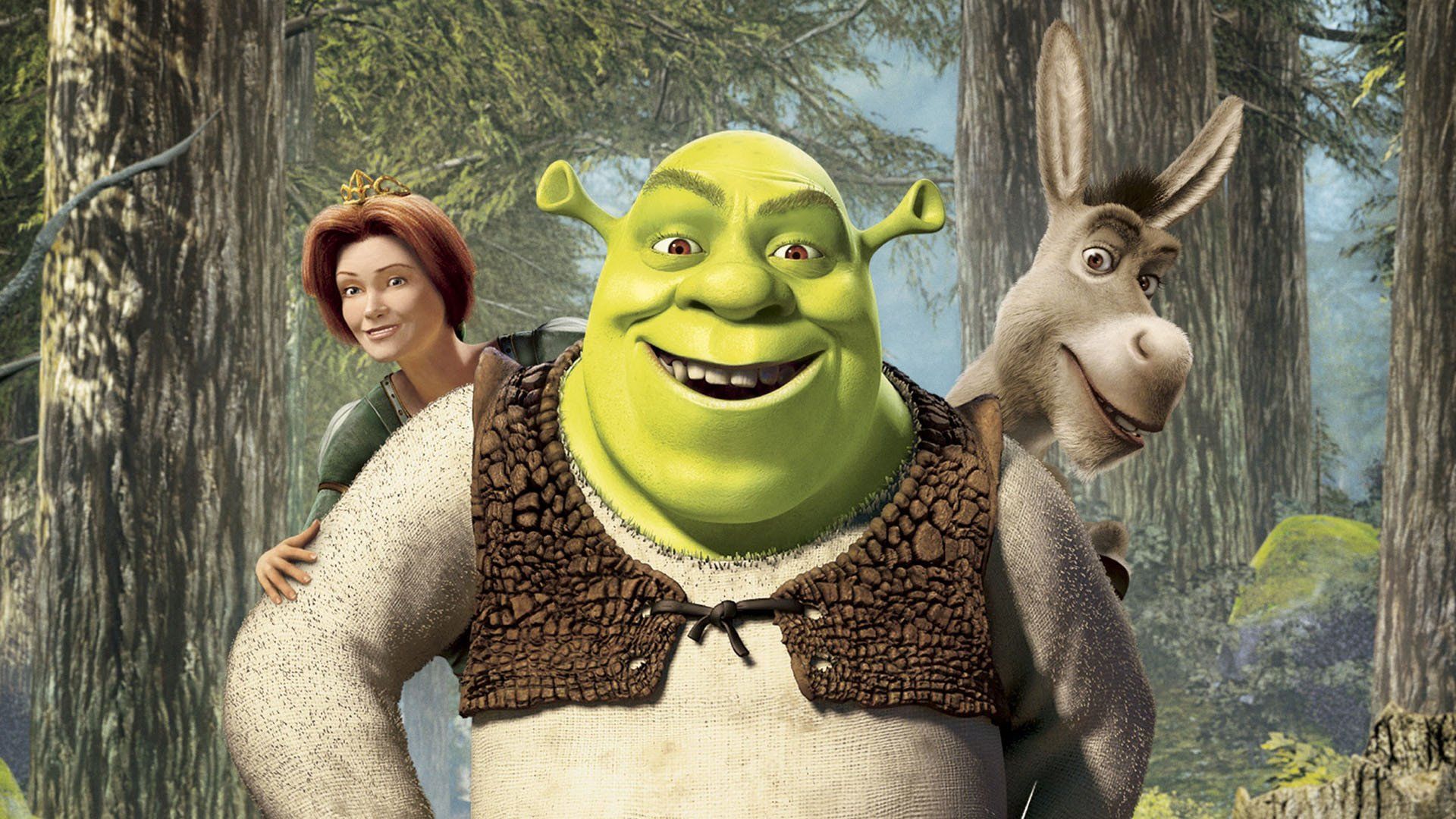 Shrek, Donkey, and Princess Fiona standing in a forest - Shrek
