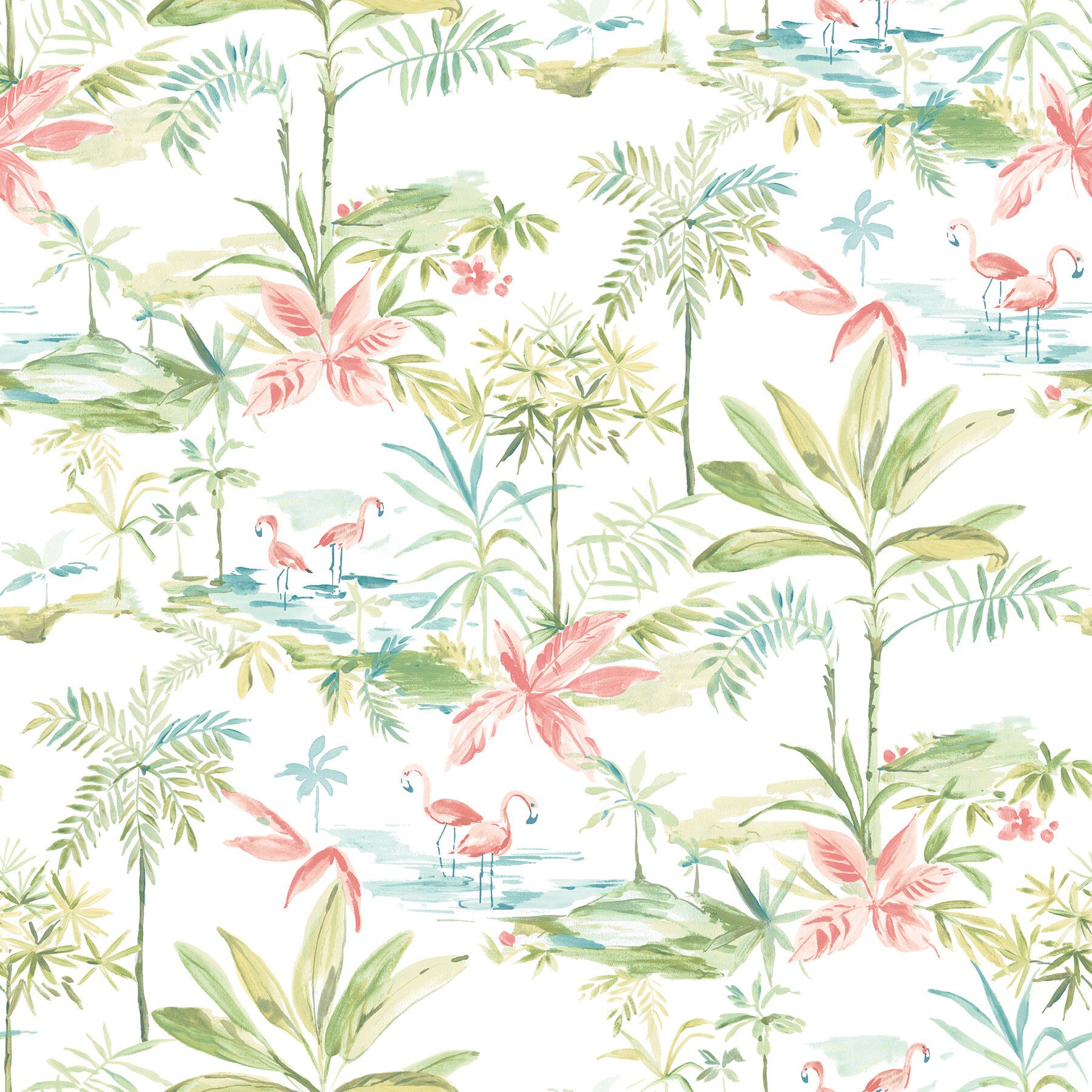 Flamingo jungle wallpaper by the peacock feather - Tropical, watercolor