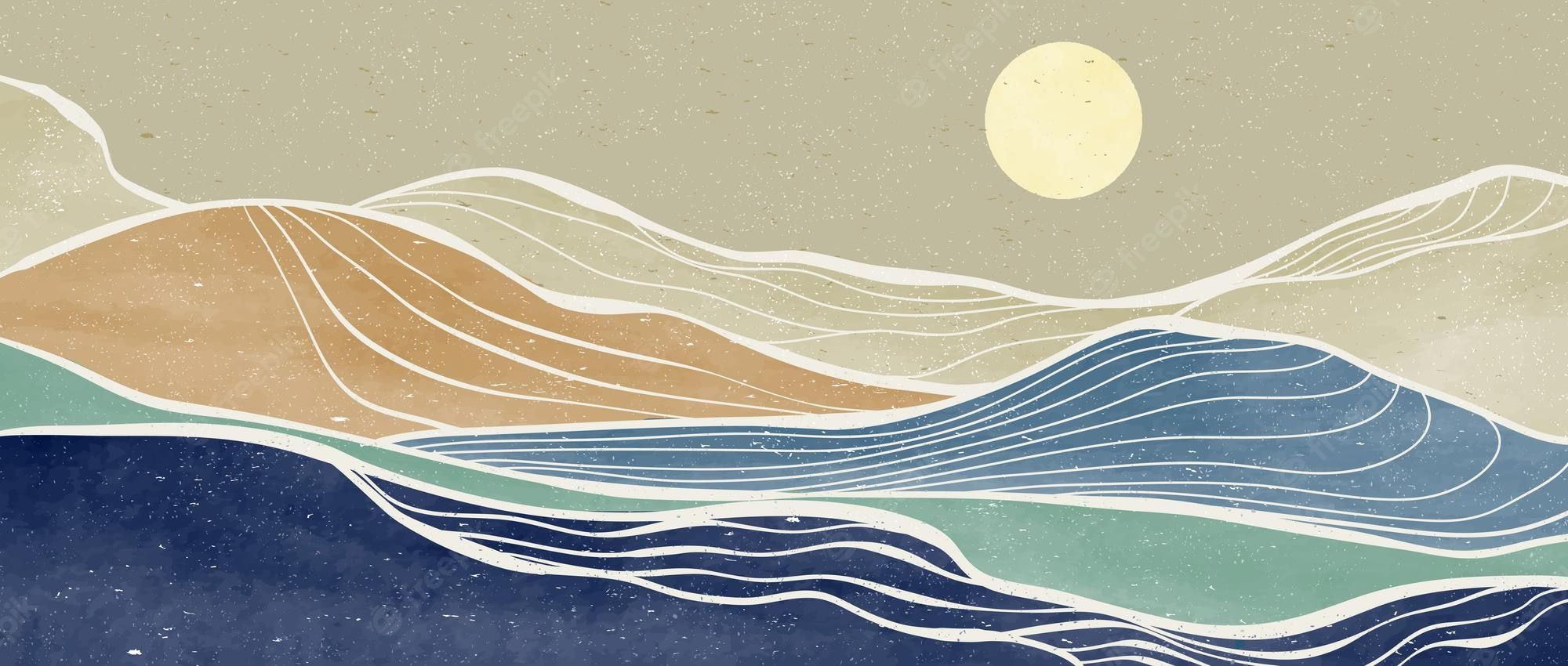 A minimalist abstract illustration of a landscape with a mountain range and a full moon - Wave, art