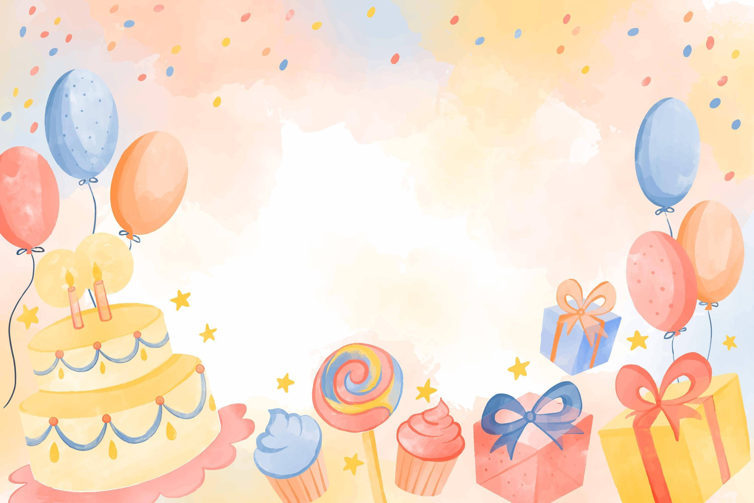 A watercolor background with balloons and cake - Birthday