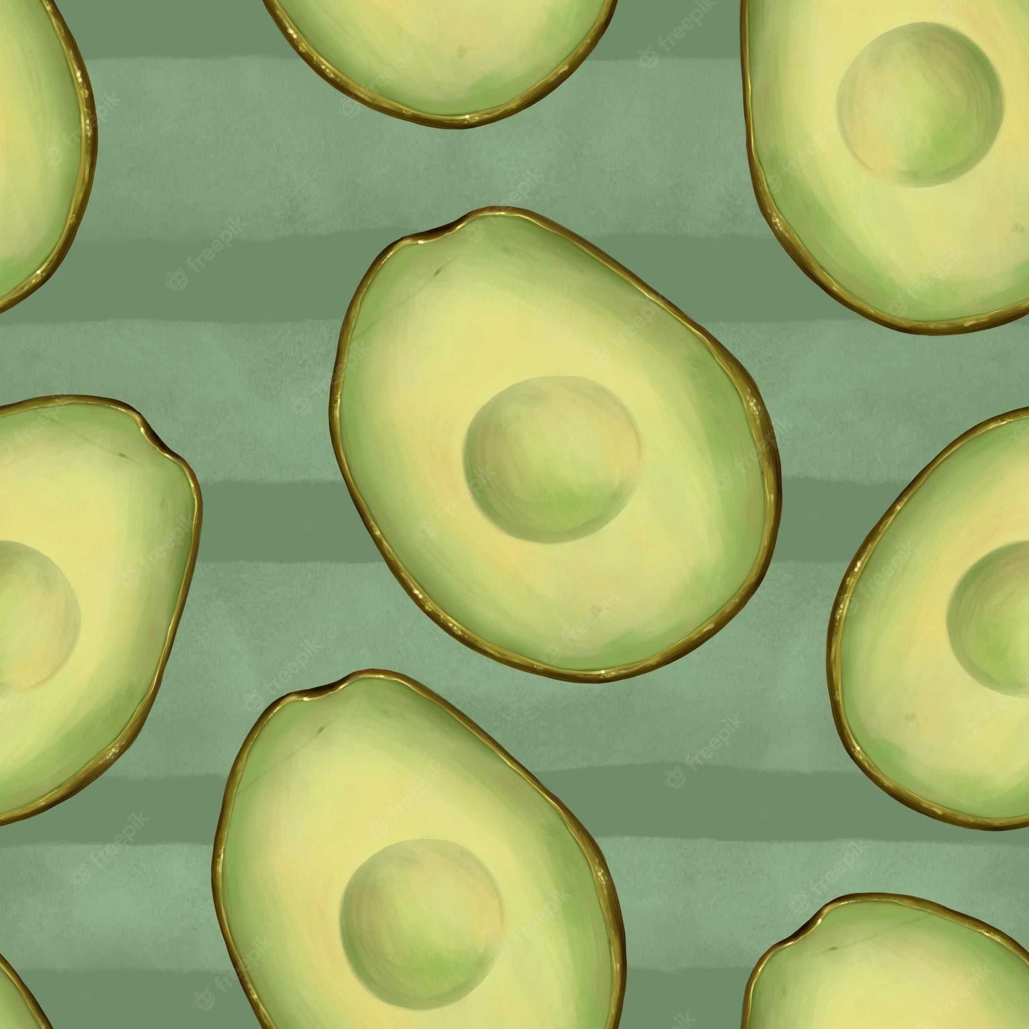 A watercolor painting of avocados on a green striped background - Avocado