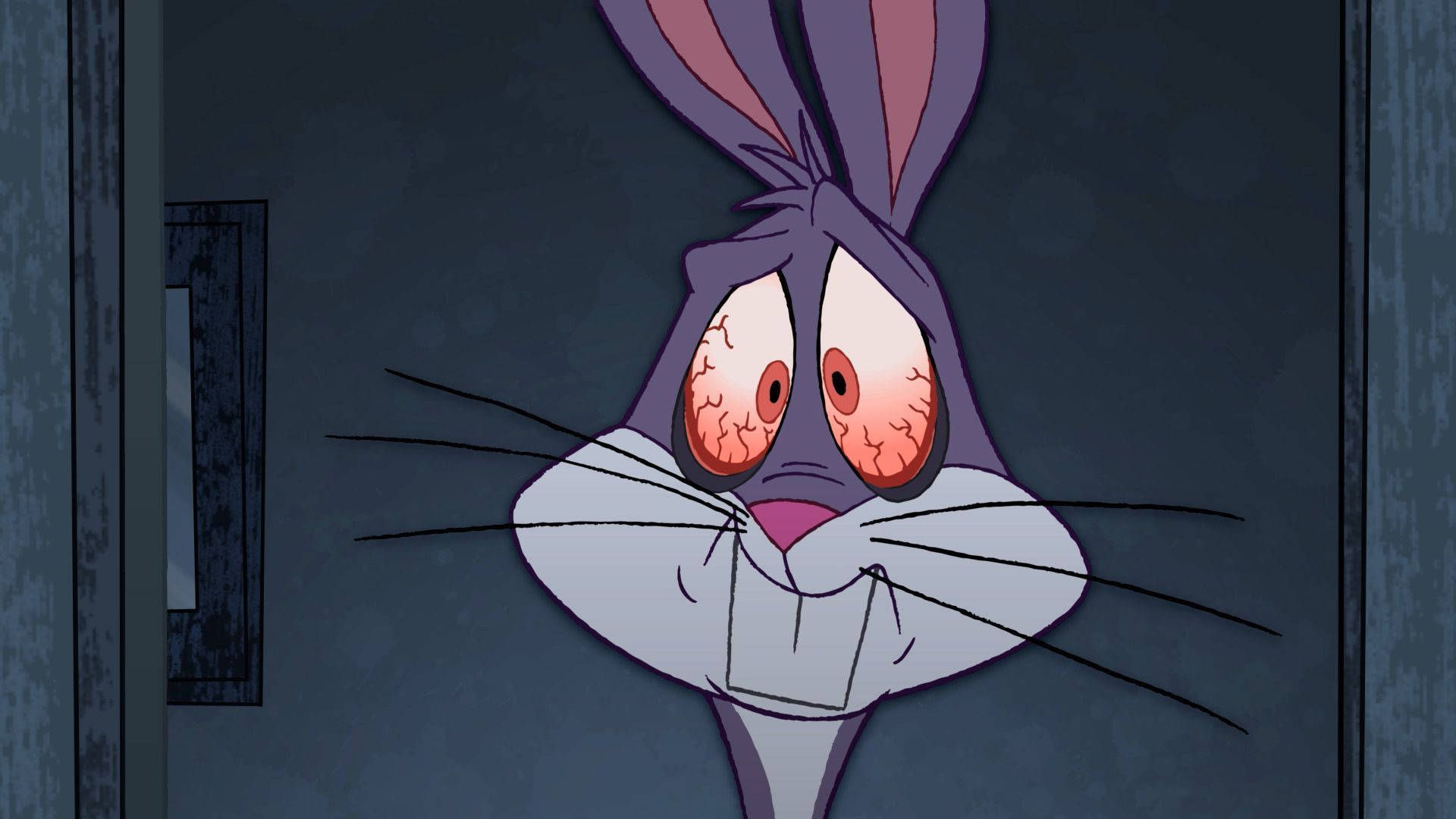 A cartoon bunny with red eyes is looking at the camera - Bugs Bunny