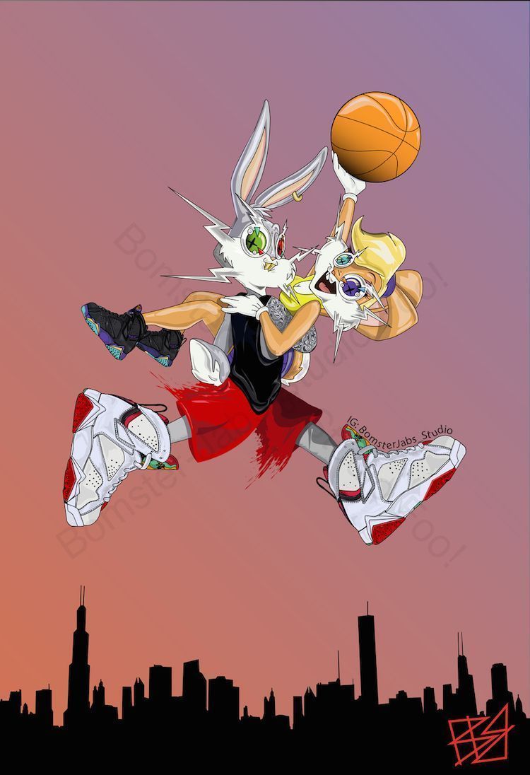 A cartoon rabbit is flying through the air with an basketball - Bugs Bunny
