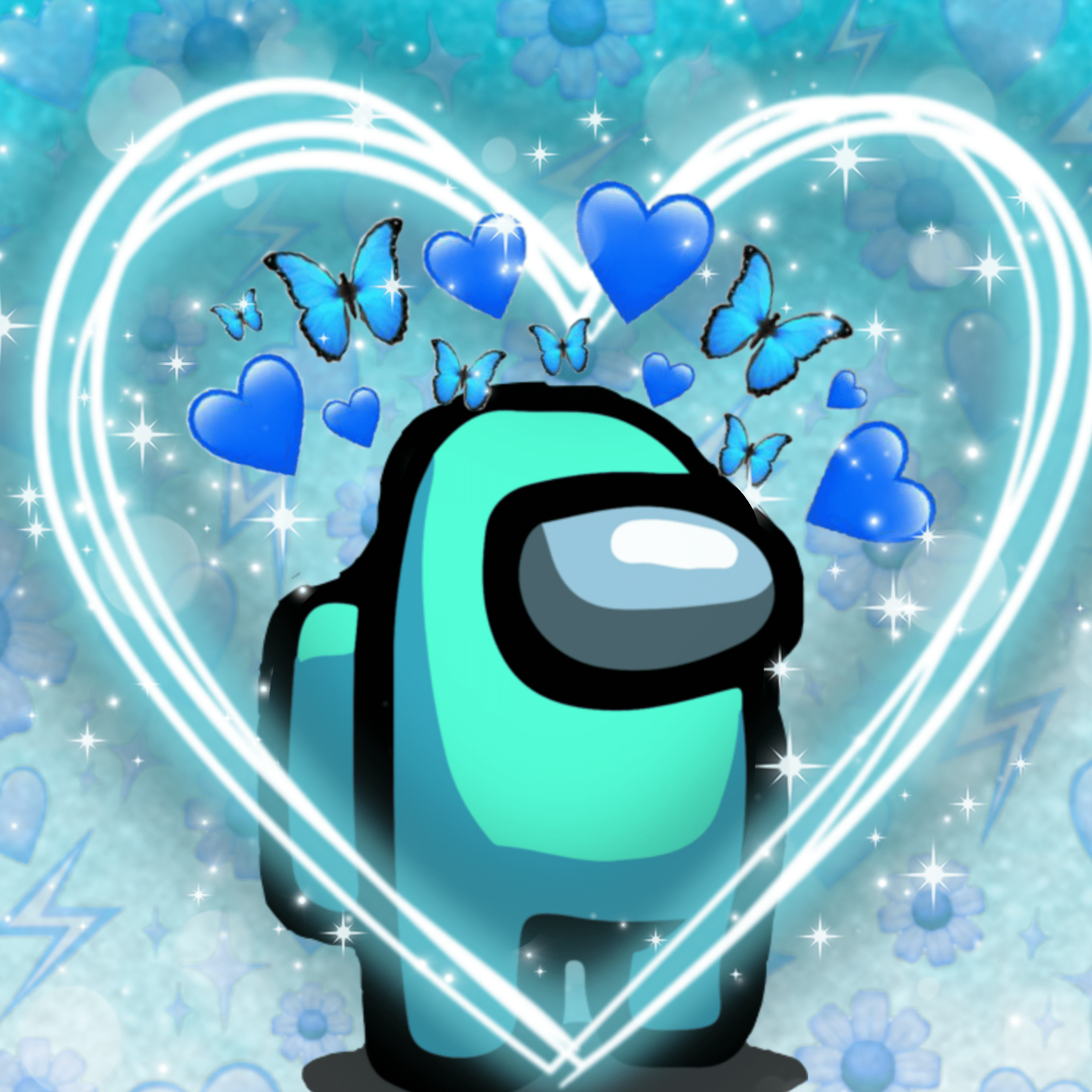 A teal imposter sheep stands in front of a heart outline surrounded by blue butterflies - Cyan