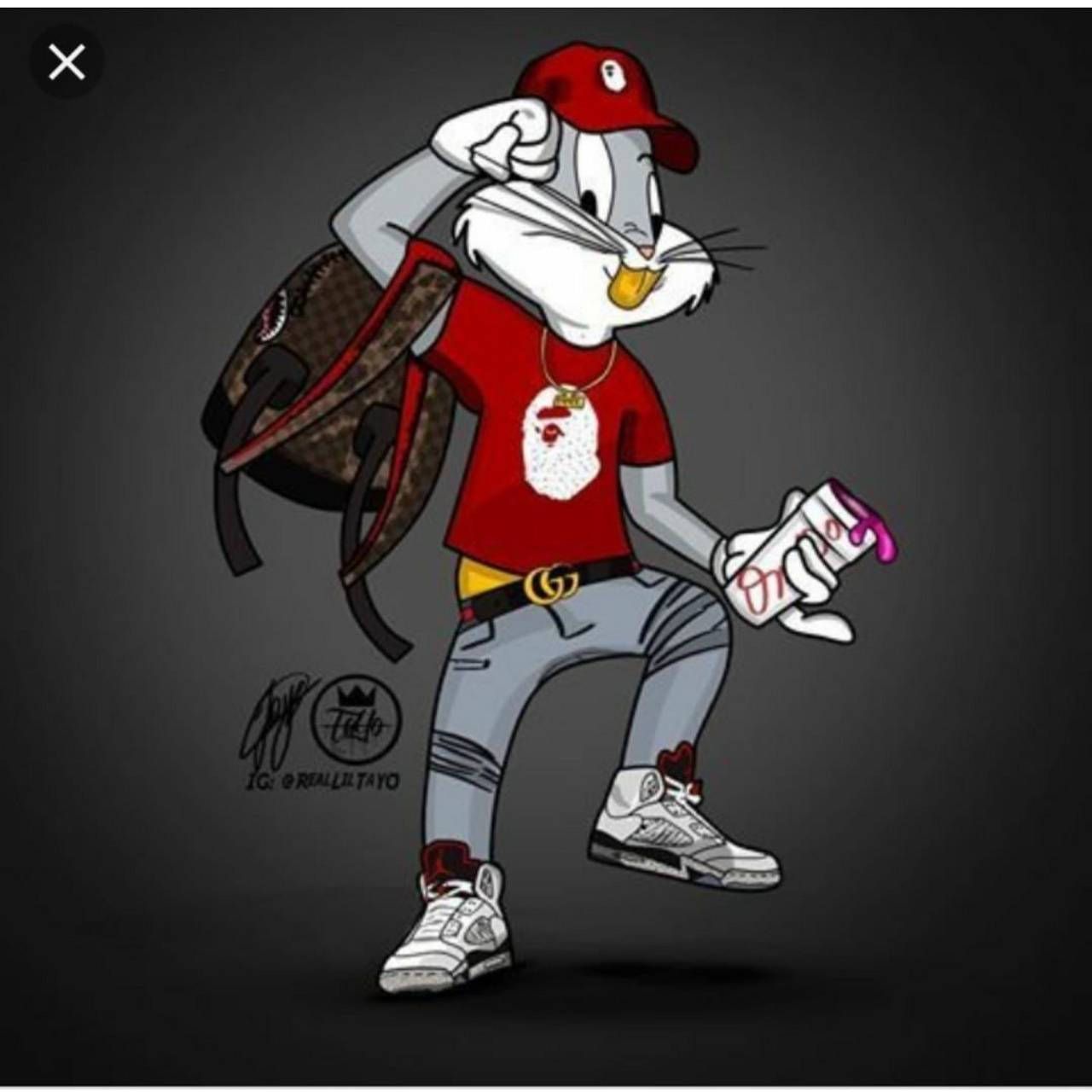 Cartoon character of bugs bunny wearing a red shirt, blue jeans, white shoes, red hat and carrying a Louis Vuitton backpack - Bugs Bunny