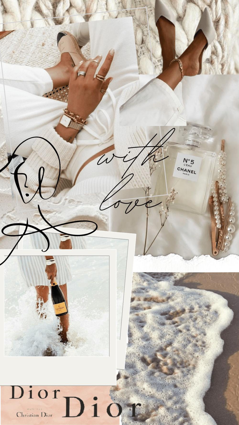 Collage of a woman in white with a dior fragrance and the words 