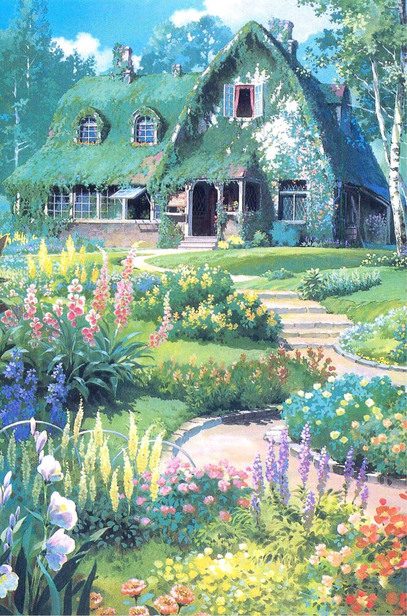 A painting of a house with a garden in front of it - Cottagecore