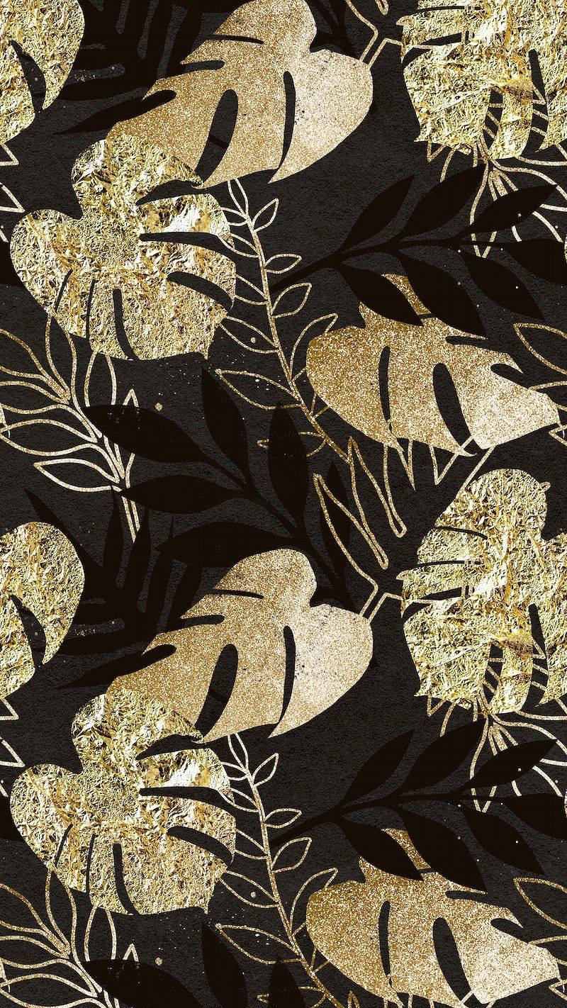 Black and gold wallpaper with a floral design - Monstera