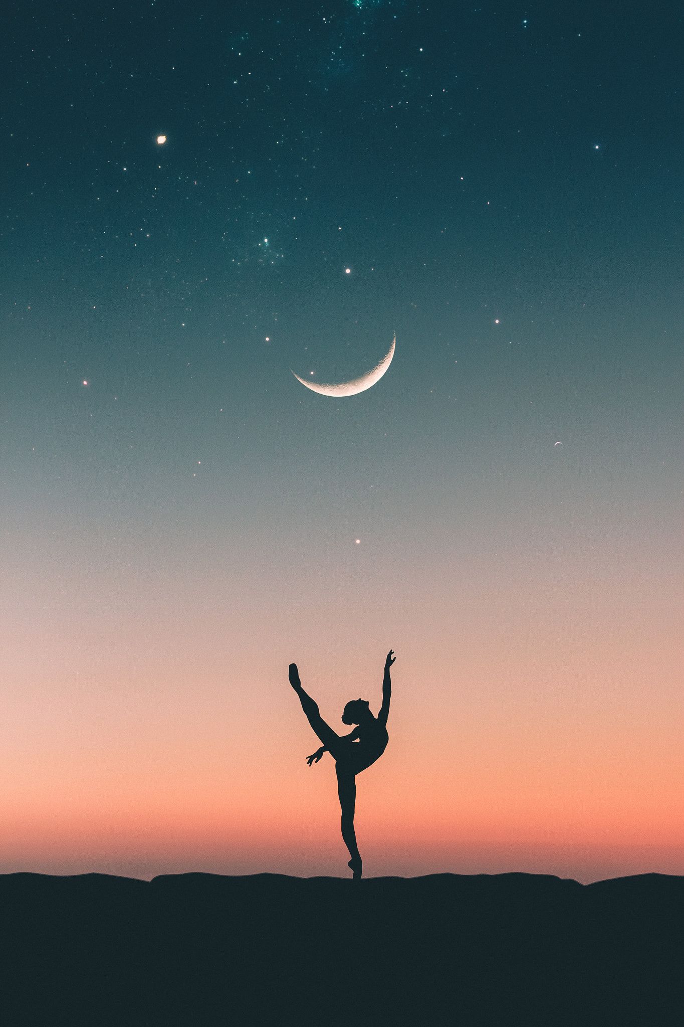 A person standing on a hill at night with the moon and stars in the background - Dance, gymnastics, ballet