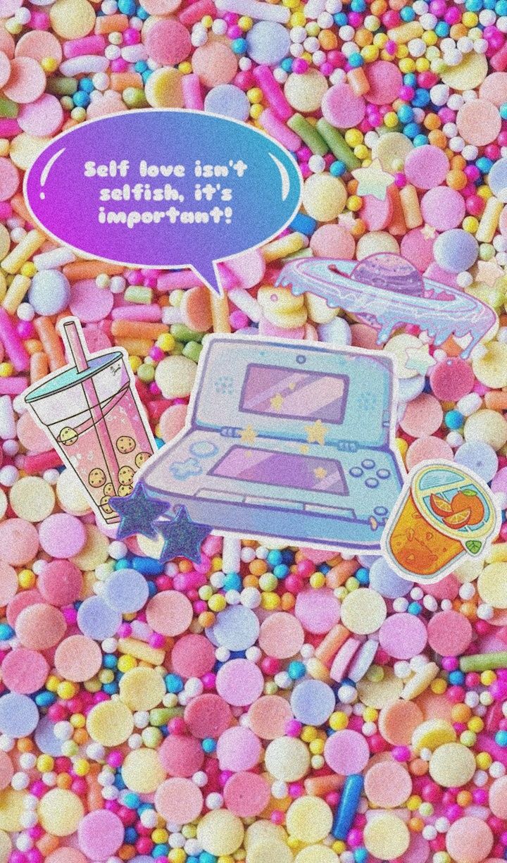 Aesthetic background with sprinkles, a Nintendo DS, stickers, and a bubble tea cup. - Candy