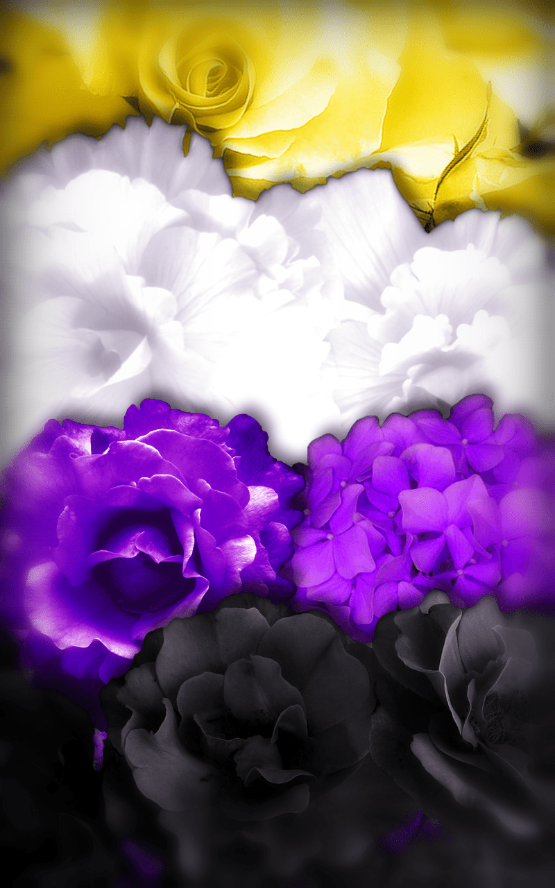 A photo of a bouquet of flowers in black, white, purple, and yellow. - Non binary