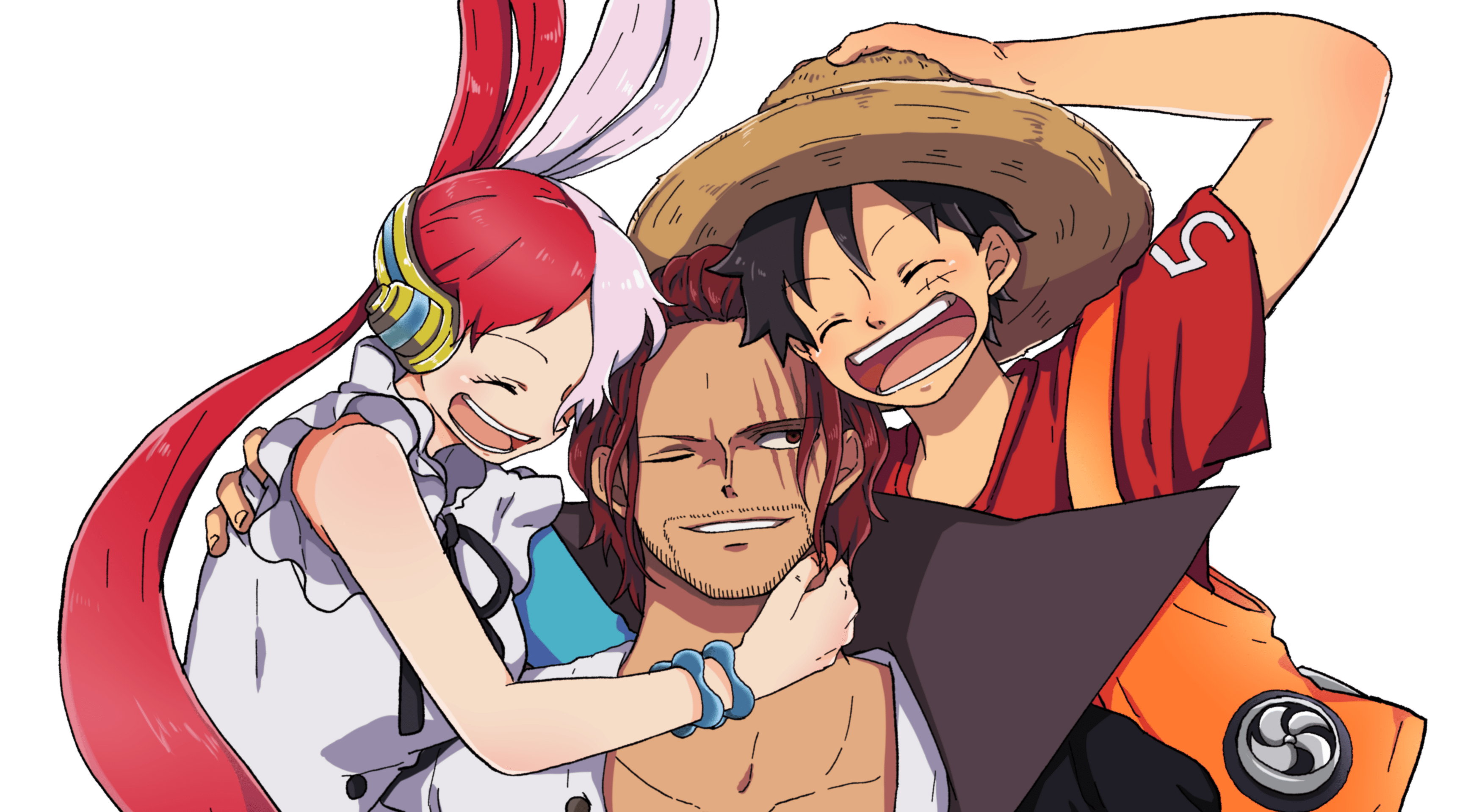 Luffy, Sanji, and Nami from One Piece are all smiling and hugging each other. - One Piece