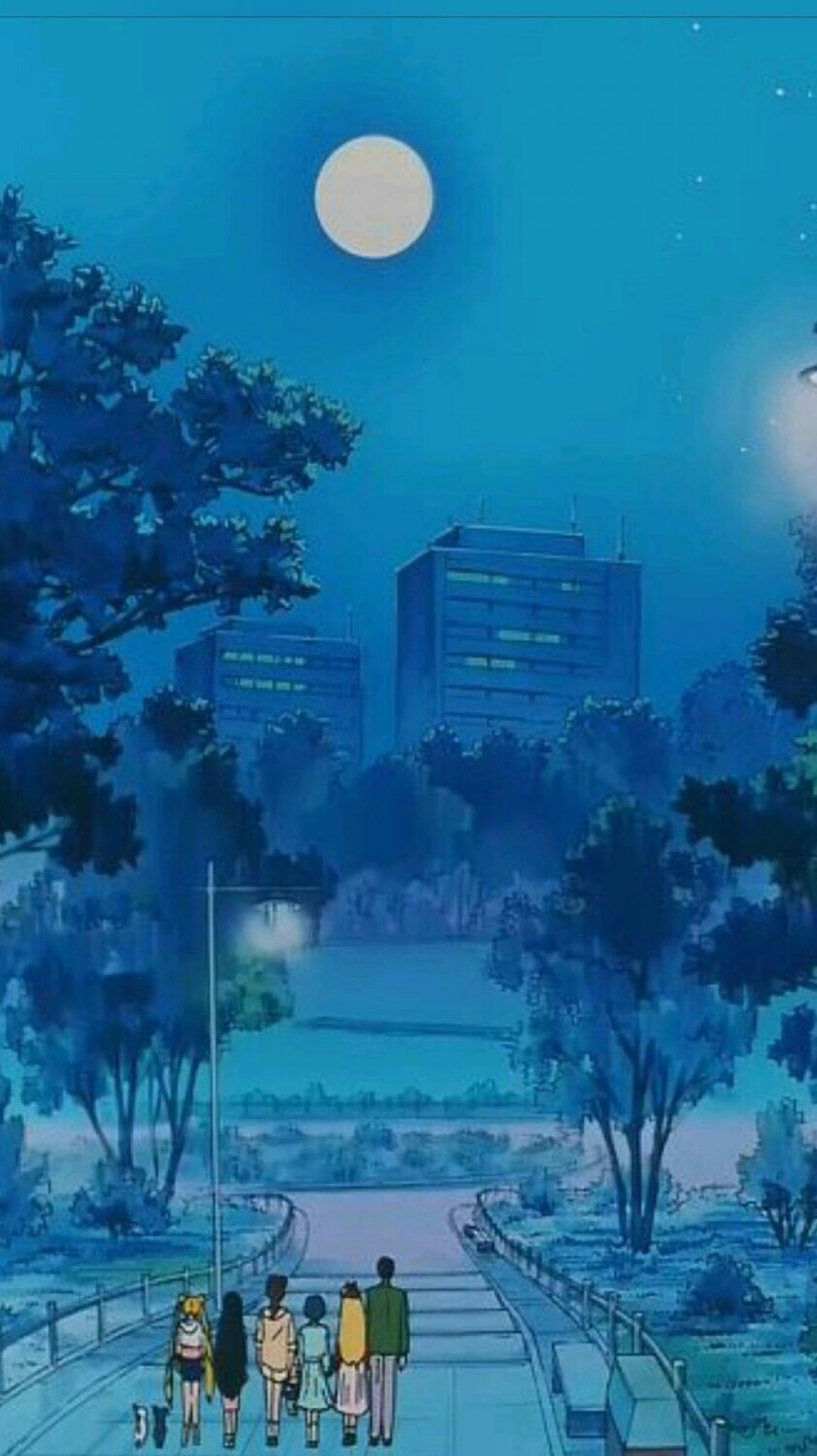 A group of people walking along the sidewalk at night - Lo fi, anime, 90s anime, Sailor Moon, anime city, blue anime, 90s, phone