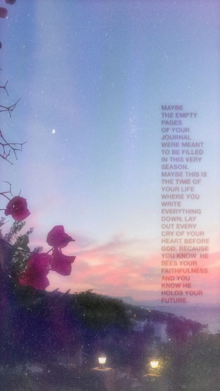 A poem written on a photo of a sunset with pink flowers. - Lo fi