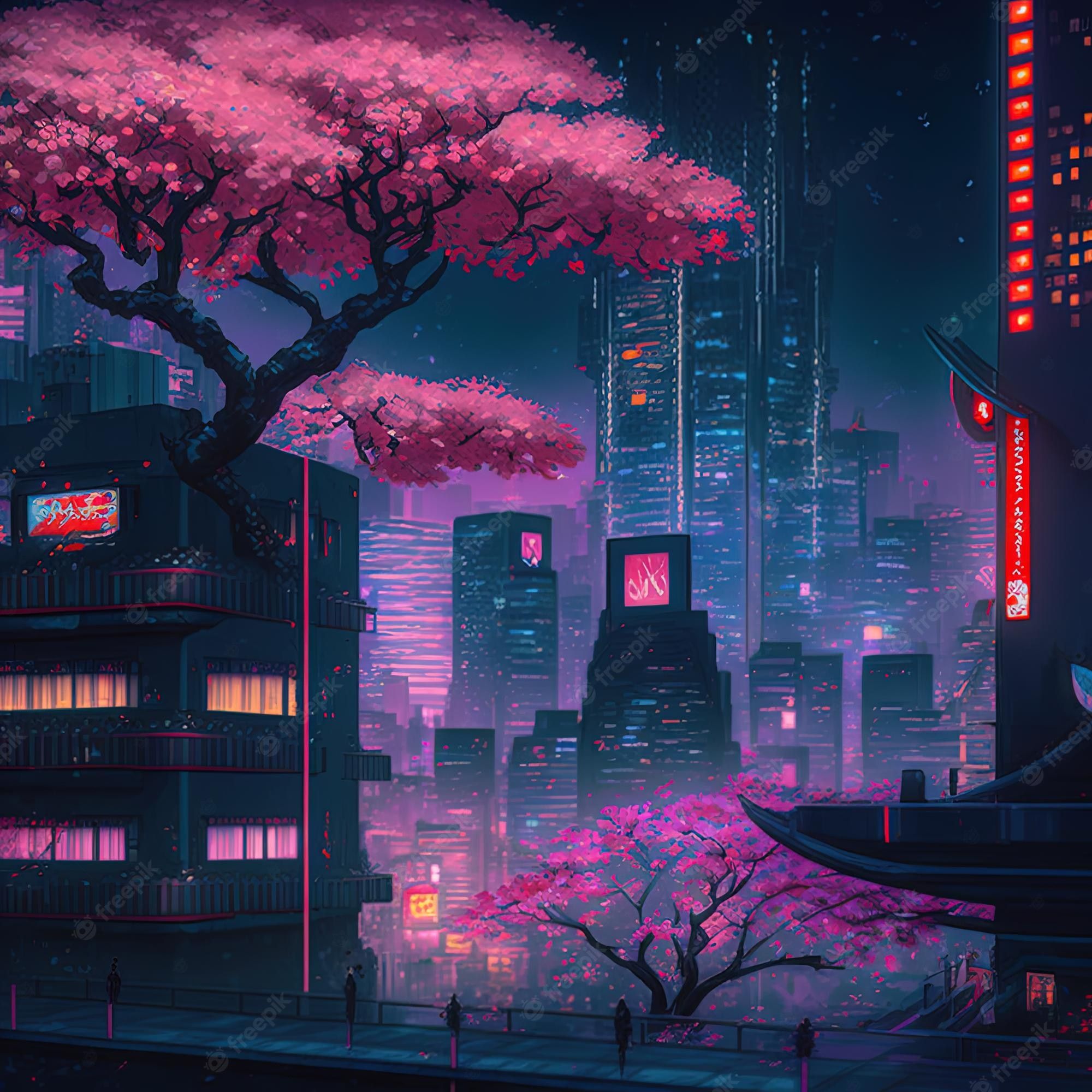 A city scene with buildings and trees - Lo fi