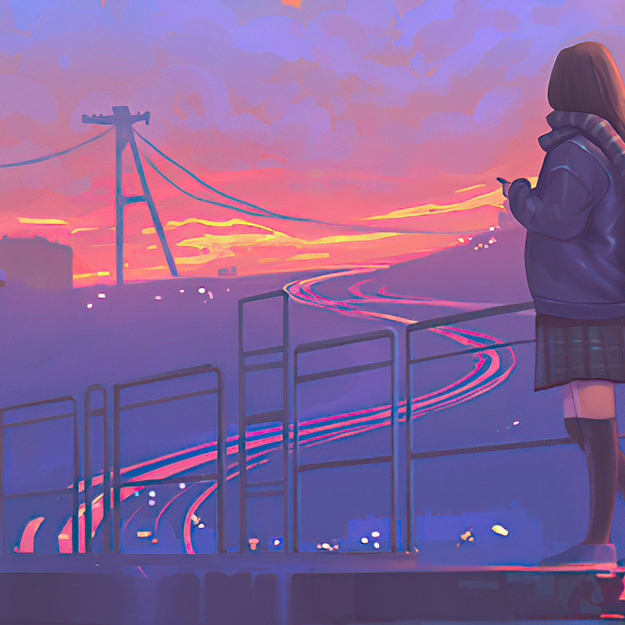 A girl in a skirt and jacket stands on a bridge at sunset, holding a smartphone. - Lo fi