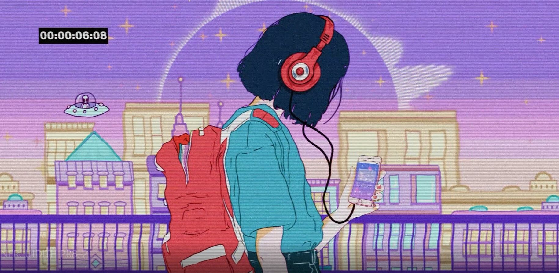 A girl wearing headphones walking with a phone in her hand - Lo fi