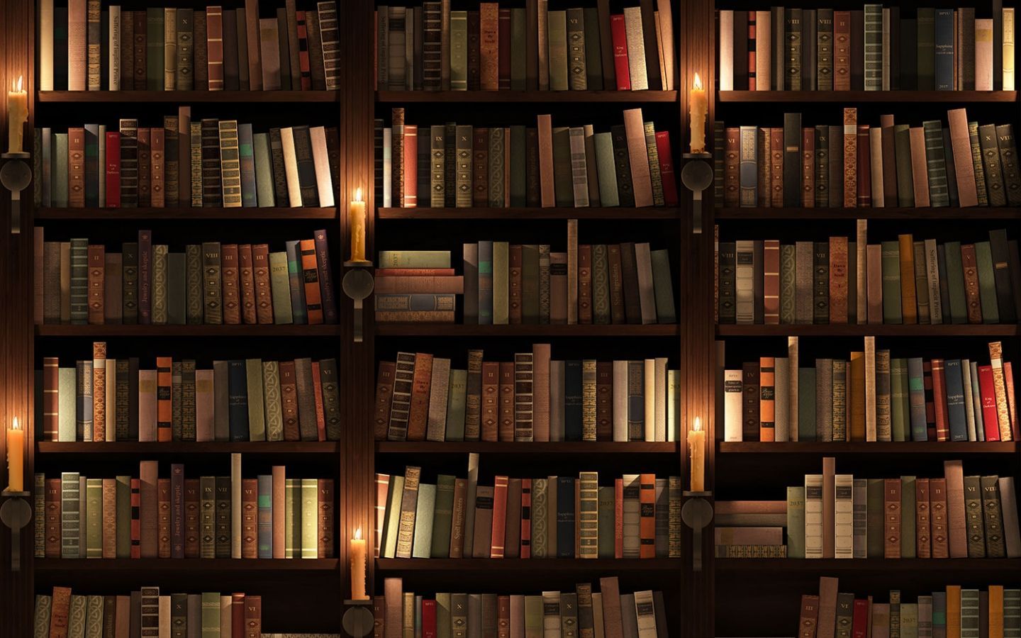 A book shelf with many books and candles - Library