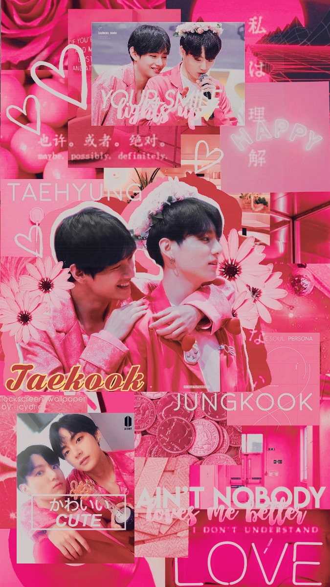 Pink aesthetic collage with Jungkook from BTS in the center - Pink anime